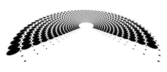 Aufkleber - Abstract halftone dotted part of circles background. Optical illusion effect with distortion. Creative halftone circle polka dots vector in perspective view.