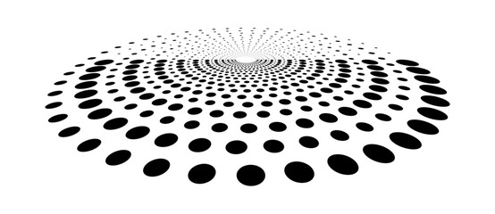 Aufkleber - Abstract halftone dotted circle advertising background or design element. Optical illusion effect. Creative halftone spiral polka dots vector in perspective view.