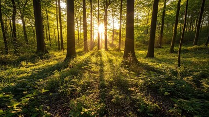 Wall Mural - Sunrise illumination in a lush verdant forest nature scene tranquil environment serene viewpoint