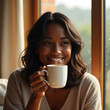 © koly - Smiling woman enjoying a warm cup of coffee by window