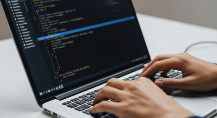 Close Up of a programmer writing a program coding on his laptop