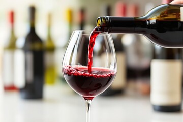 Poster - Pouring red wine into a glass with blurred bottles in background.