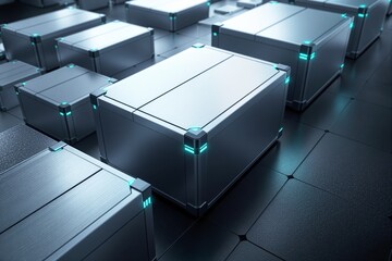 Poster - Futuristic metallic storage boxes with glowing blue lights.