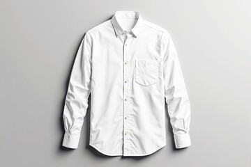 Poster - White long-sleeve button-up shirt with pocket on plain light background.