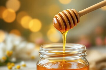 Poster - Honey dripping from wooden dipper into glass jar with warm golden bokeh background.