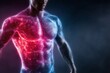© Alena - Muscular male torso with glowing red and blue energy patterns, dark gradient background. Concept of strength and bioenergy, health, weight loss, testicular lumps, chronic cough semi-transparent body