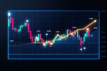 Poster - Financial stock market chart with glowing candlestick graph and indicators on a dark abstract background.
