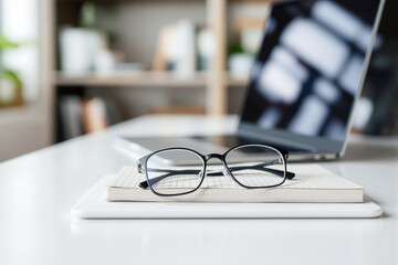 Poster - Black-framed eyeglasses resting on a notebook and tablet on a white desk, with an open laptop in the background.