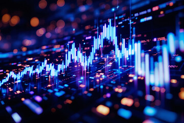 Poster - Financial stock market chart with glowing data points on a dark background.