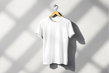 Poster - White T-shirt mockup on hanger against textured wall with soft light.