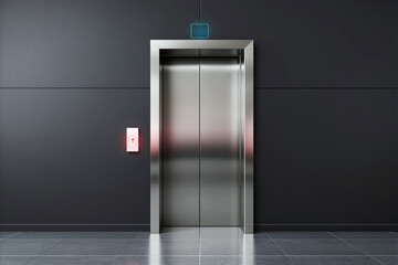 Poster - Modern elevator with closed metallic doors in a dark building interior.