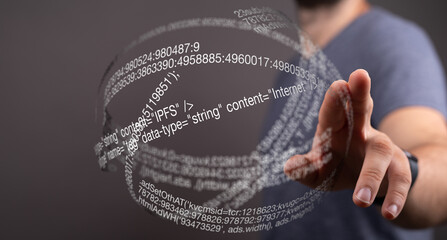 Aufkleber - A person interacts with a holographic sphere of data, representing digital information and technology.