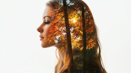 Wall Mural - double exposure portrait of a serene woman in nature artistic photography tranquil environment profi