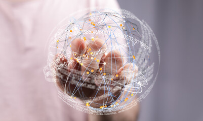 Aufkleber - Hand holding a digital globe showing data connections and internet information. Futuristic technology concept.