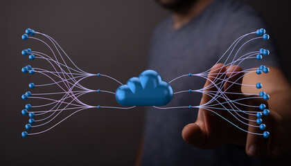 Poster - High-quality image depicting cloud computing, network connections, and data flow. Ideal for technology, business, and digital concepts.
