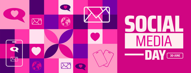 Wall Mural - social media day geometric shape pattern background banner or poster design template. observed every