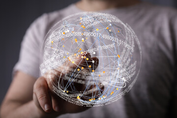 Poster - A person interacts with a digital globe representing a global network, data, and connections.