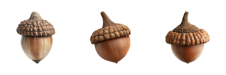 Wall Mural - acorn trio set. nature and botanical study collection isolated on transparent background