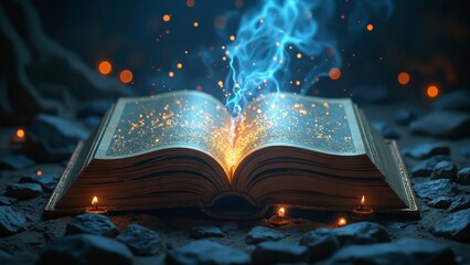 Poster - Mysterious Glowing Book with Ancient Knowledge and Ethereal Light Perfect for Fantasy Magic