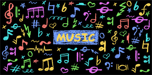 Wall Mural - charcoal-drawn vector music set with handwritten pop notes and symbols. fun scribble style ideal for