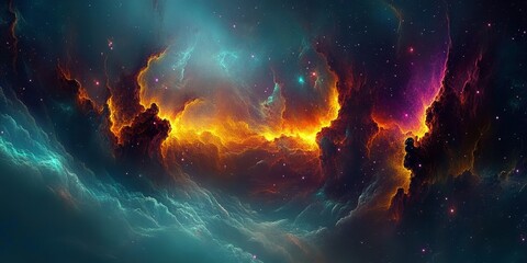 Wall Mural - fiery nebula with dazzling stars and rich colors of magentas and teals illuminating the universe