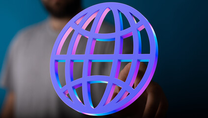 Poster - Abstract image of a person interacting with a digital globe, representing global connectivity and networking.