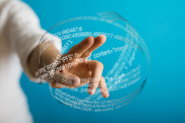 Aufkleber - Person interacts with a holographic sphere displaying digital code and data, representing technology and innovation.