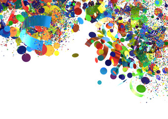 Fototapete - Colorful confetti explosion with blue, yellow, and orange circles on a white background. Perfect for celebration, party, and festive themes.