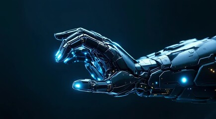 Futuristic robotic hand reaching out blue glow