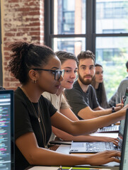 programmers working together on code in modern office