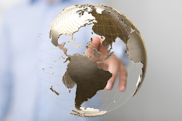 Fototapete - Abstract image of a hand interacting with a 3D model of Earth, representing global connectivity and networking.