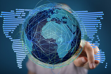 Fototapete - Hand interacting with a digital globe, showcasing global network connections and data flow.