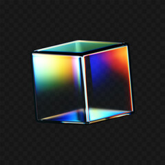Wall Mural - 3d crystal glass cube with refraction and iridescent effects isolated on dark background. render tra