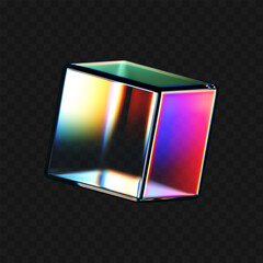 Wall Mural - 3D crystal glass cube with refraction and iridescent effects isolated on dark background. Render transparent rotating glass box with neon dispersion light and rainbow gradient. 3d vector figure