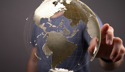 Fototapete - High-quality stock photo of a hand interacting with a digital 3D model of planet Earth, representing global connectivity and networking.