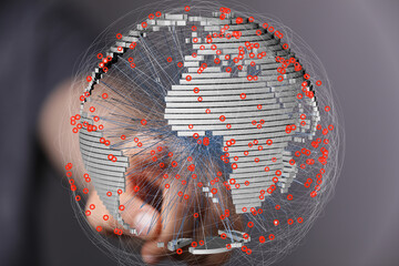 Fototapete - Stock photo of a hand interacting with a 3D model of the Earth, showing interconnectedness and data flow.