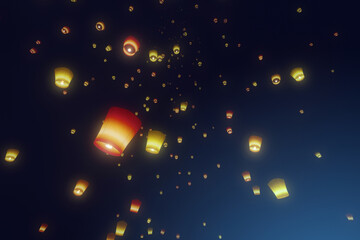 Wall Mural - sky lanterns on the night sky, celebration background, 3d illustration