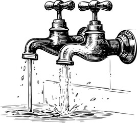 Poster - Vintage sketch of dual water faucets flowing in black and white illustration. Vector illustration