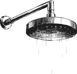Poster - Black and white sketch of a shower head with water droplets flowing. Vector illustration