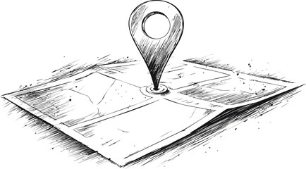Poster - Hand-drawn map with location pin icon sketch, concept of navigation. Vector illustration