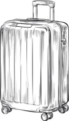 Poster - Black and white sketch of a detailed suitcase with handle and wheels, illustration. Vector illustration