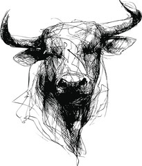 Poster - Abstract black and white sketch of a bull's head in intricate line art. Vector illustration
