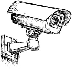 Aufkleber - Sketch of a security camera mounted on a wall, black and white illustration. Vector illustration