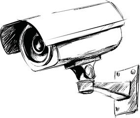 Poster - Sketch of a black and white surveillance camera on a wall, hand-drawn illustration. Vector illustration