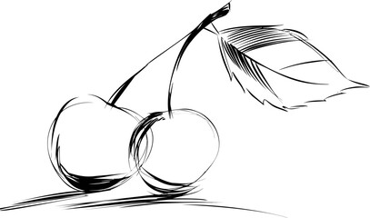 Aufkleber - Minimalist black and white sketch of cherries with leaf. Vector illustration