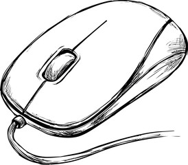 Aufkleber - Black and white sketch of a computer mouse with cord, digital art concept. Vector illustration