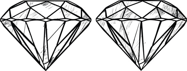 Poster - Black and white line art of two diamond gemstones with geometric patterns. Vector illustration