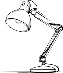 Poster - Black and white sketch of an adjustable desk lamp with articulated arm. Vector illustration