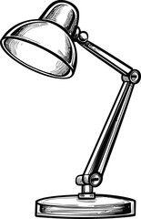 Poster - Detailed illustration of a desk lamp with articulated arm in black and white. Vector illustration