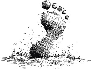 Aufkleber - Detailed black and white sketch of a footprint in the sand with scattered grains. Vector illustration